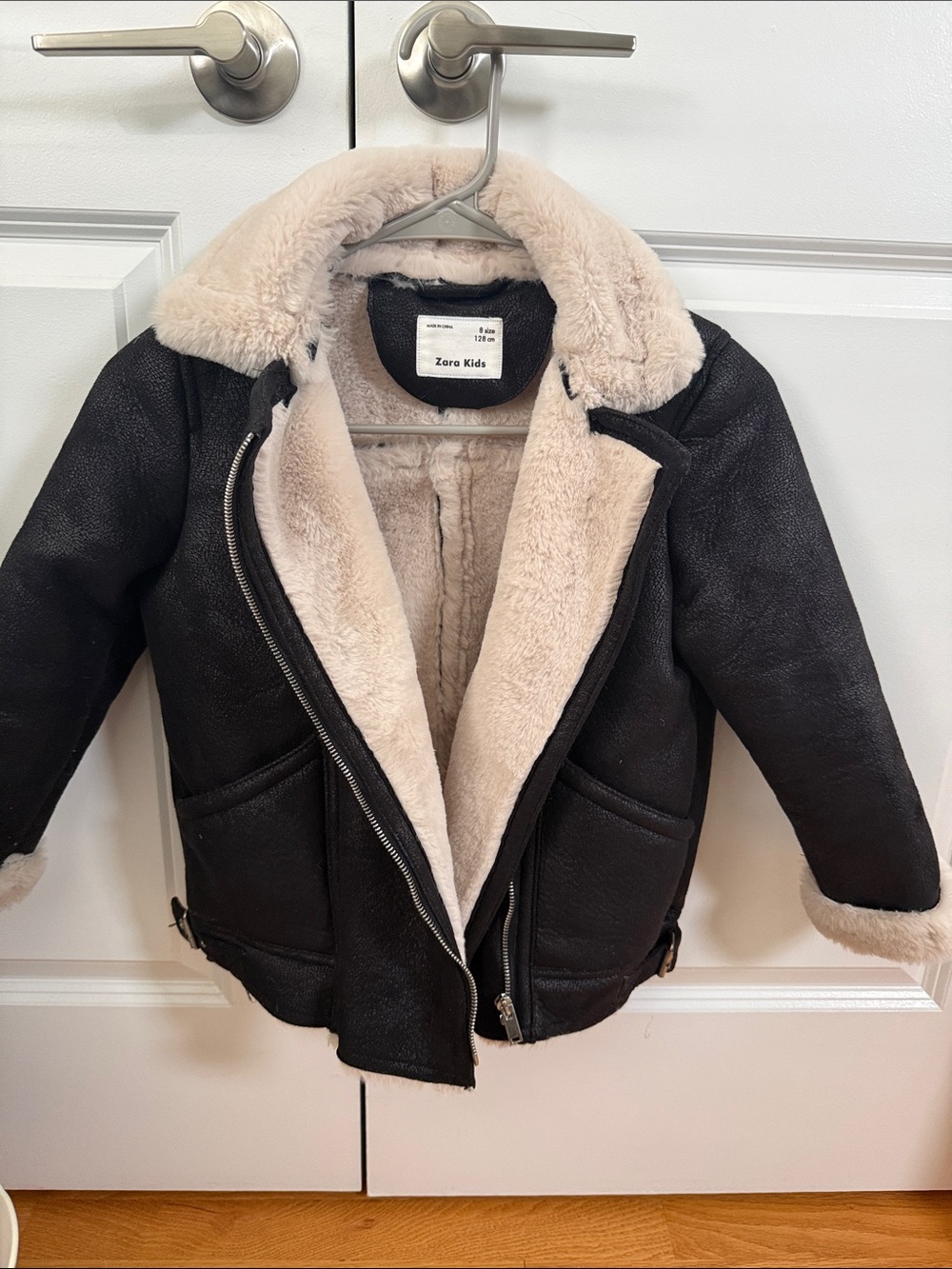 Zara Black Aviator Puffer Jacket with Cream Faux-Shearling